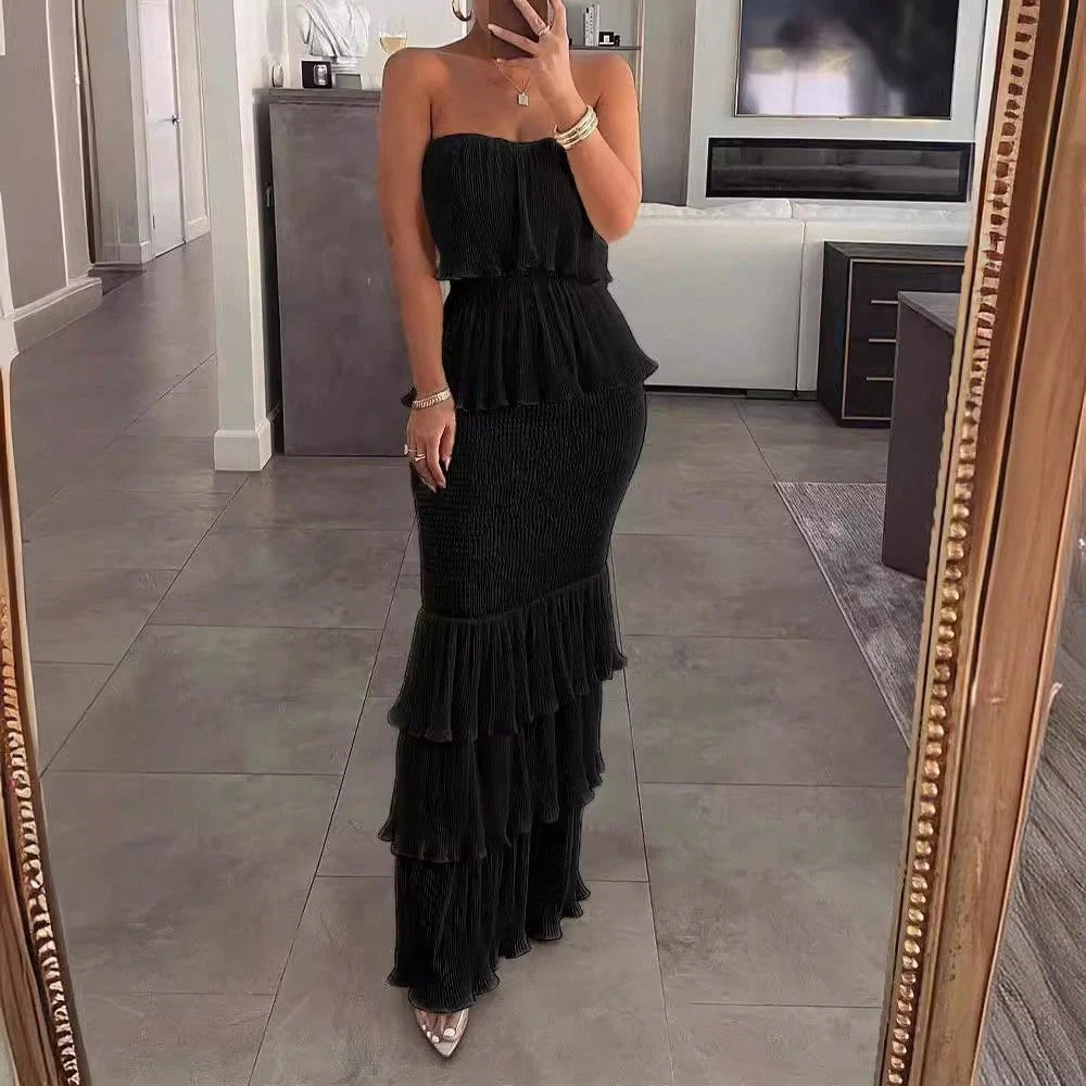 Summer Dresses For WomenStrapless Smocked Pleated Ruffle Tiered Maxi Dress, Elegant Solid Off Shoulder Bodycon Long Summer Dress For Dresses For Women