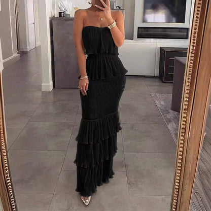 Summer Dresses For WomenStrapless Smocked Pleated Ruffle Tiered Maxi Dress, Elegant Solid Off Shoulder Bodycon Long Summer Dress For Dresses For Women