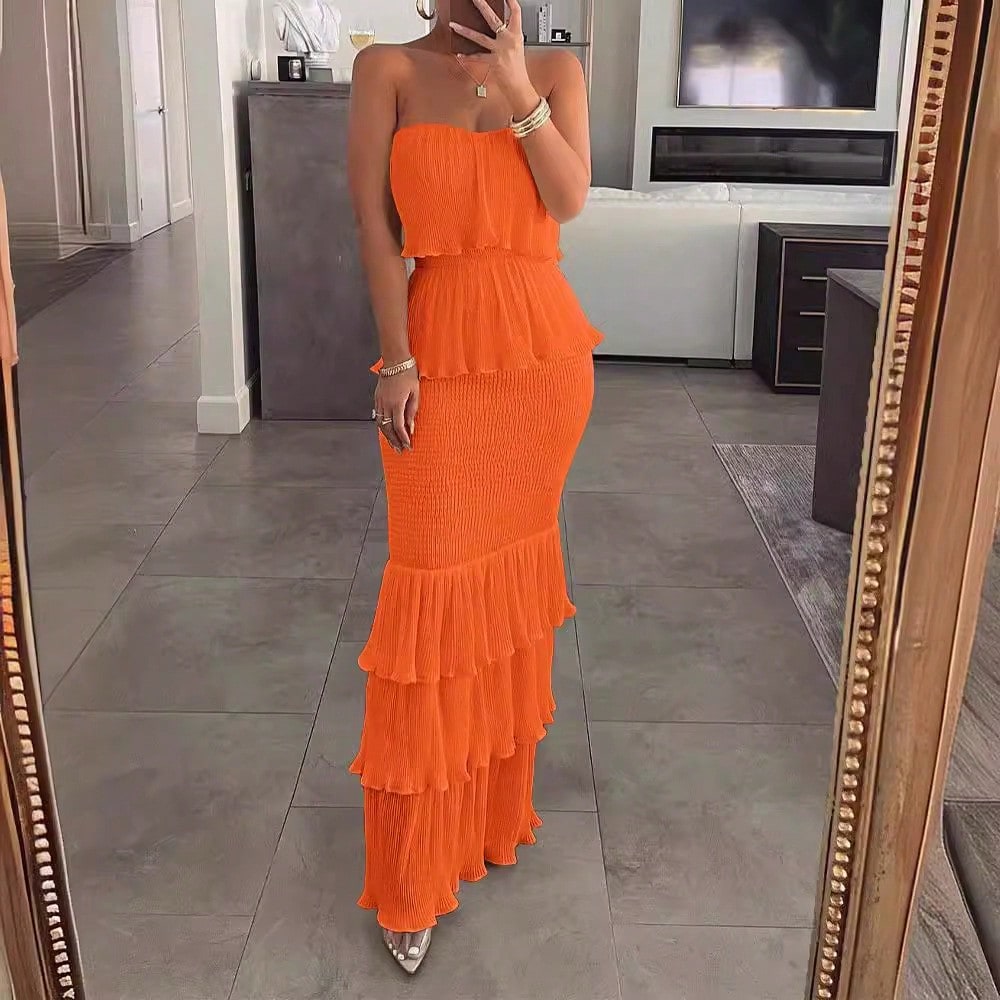 Summer Dresses For WomenStrapless Smocked Pleated Ruffle Tiered Maxi Dress, Elegant Solid Off Shoulder Bodycon Long Summer Dress For Dresses For Women