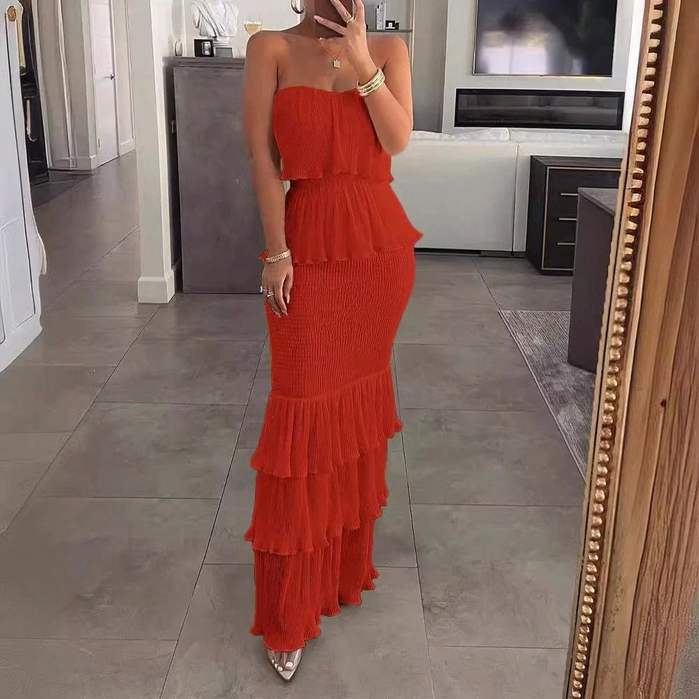 Summer Dresses For WomenStrapless Smocked Pleated Ruffle Tiered Maxi Dress, Elegant Solid Off Shoulder Bodycon Long Summer Dress For Dresses For Women
