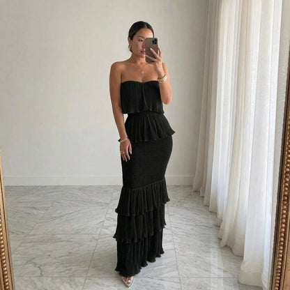 Summer Dresses For WomenStrapless Smocked Pleated Ruffle Tiered Maxi Dress, Elegant Solid Off Shoulder Bodycon Long Summer Dress For Dresses For Women