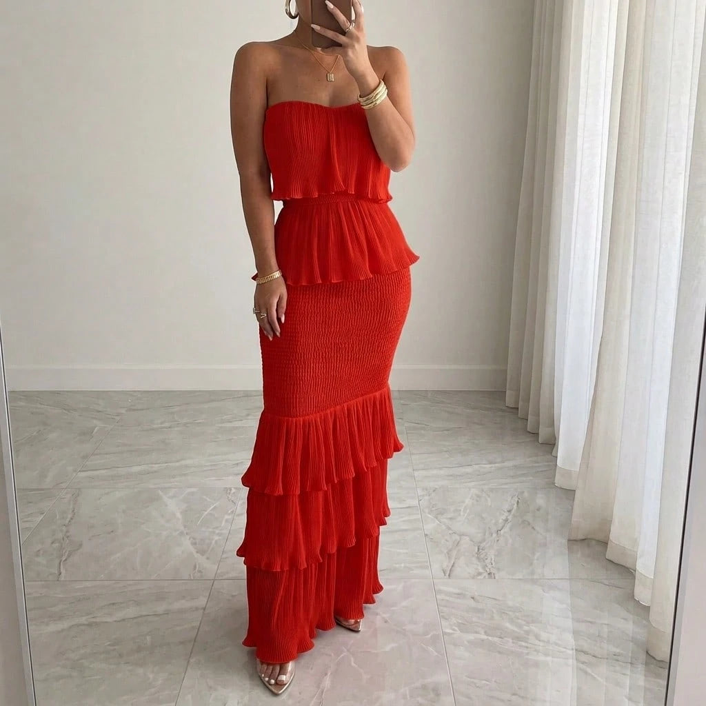 Summer Dresses For WomenStrapless Smocked Pleated Ruffle Tiered Maxi Dress, Elegant Solid Off Shoulder Bodycon Long Summer Dress For Dresses For Women