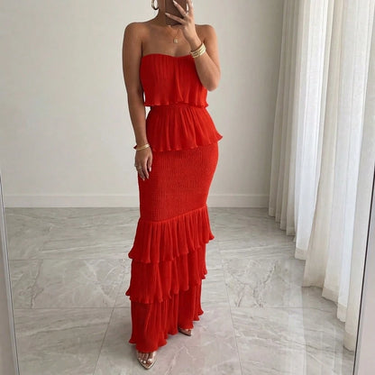 Summer Dresses For WomenStrapless Smocked Pleated Ruffle Tiered Maxi Dress, Elegant Solid Off Shoulder Bodycon Long Summer Dress For Dresses For Women