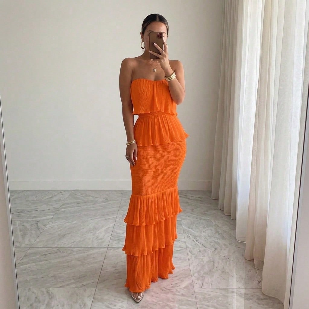 Summer Dresses For WomenStrapless Smocked Pleated Ruffle Tiered Maxi Dress, Elegant Solid Off Shoulder Bodycon Long Summer Dress For Dresses For Women