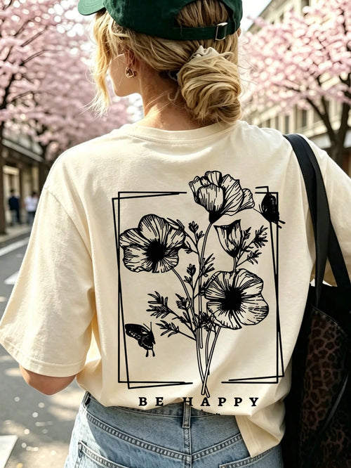 Summer New Minimalist Fashionable Floral & Butterfly Print Casual Round Neck Short Sleeve T-Shirt, Versatile Daily Wear For Women, Aesthetic