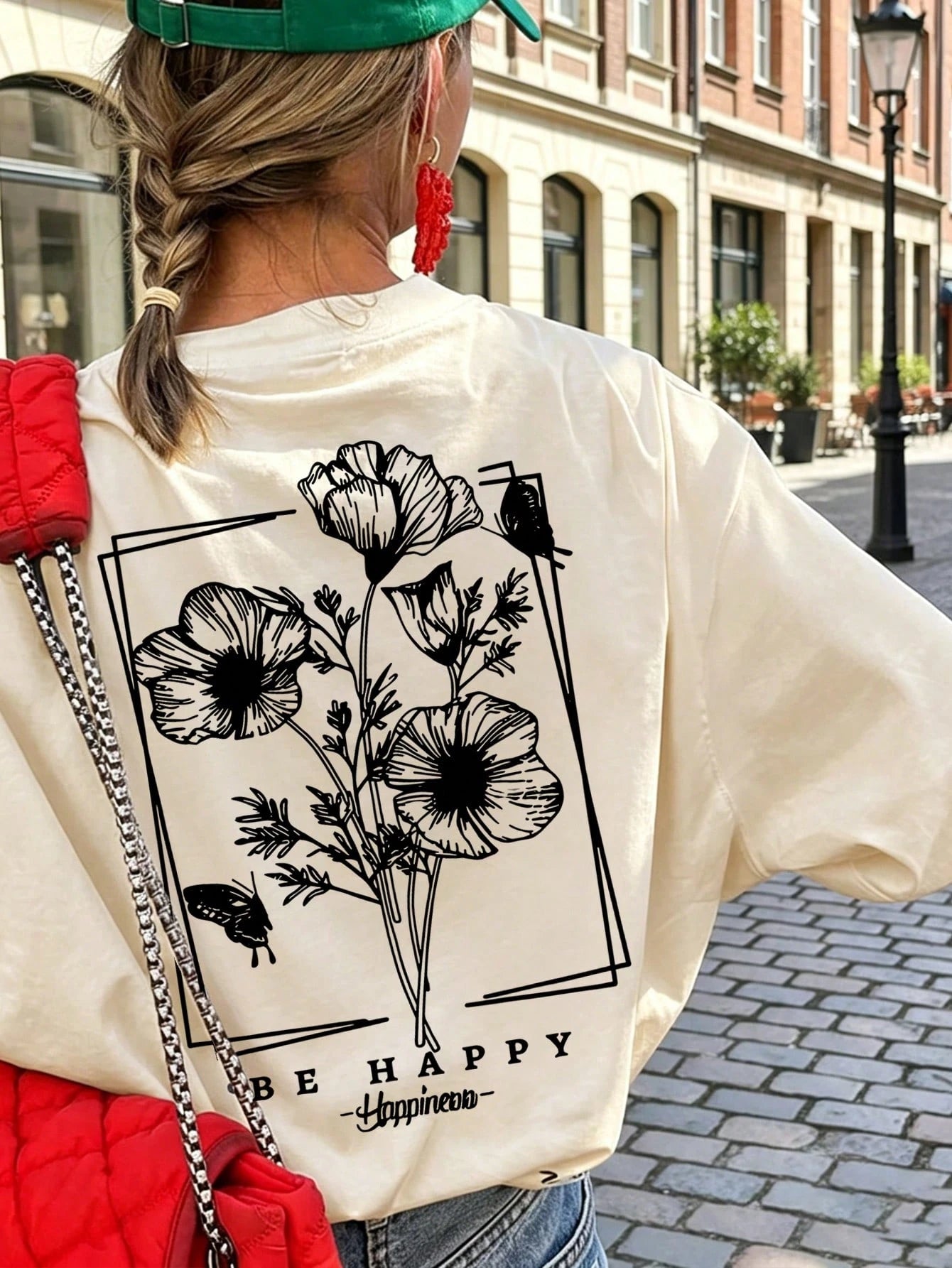 Summer New Minimalist Fashionable Floral & Butterfly Print Casual Round Neck Short Sleeve T-Shirt, Versatile Daily Wear For Women, Aesthetic