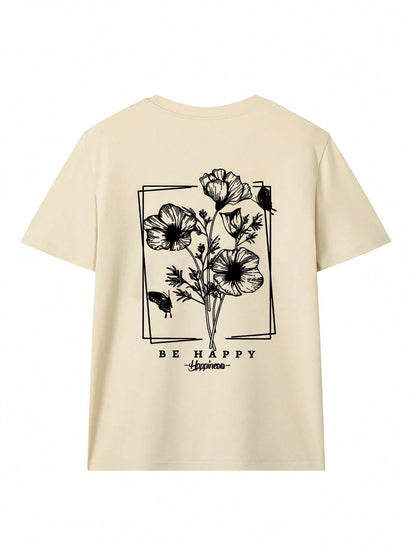 Summer New Minimalist Fashionable Floral & Butterfly Print Casual Round Neck Short Sleeve T-Shirt, Versatile Daily Wear For Women, Aesthetic