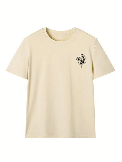 Summer New Minimalist Fashionable Floral & Butterfly Print Casual Round Neck Short Sleeve T-Shirt, Versatile Daily Wear For Women, Aesthetic