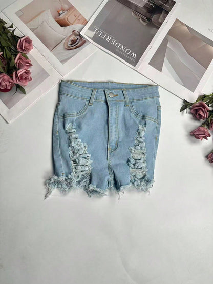 Summer Sexy Ripped Frayed Hem Fitted Shorts, Fashionable Cute, Versatile Outdoor Women Clothing Casual