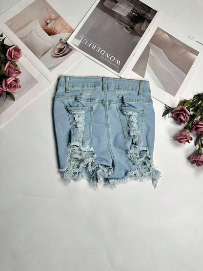 Summer Sexy Ripped Frayed Hem Fitted Shorts, Fashionable Cute, Versatile Outdoor Women Clothing Casual