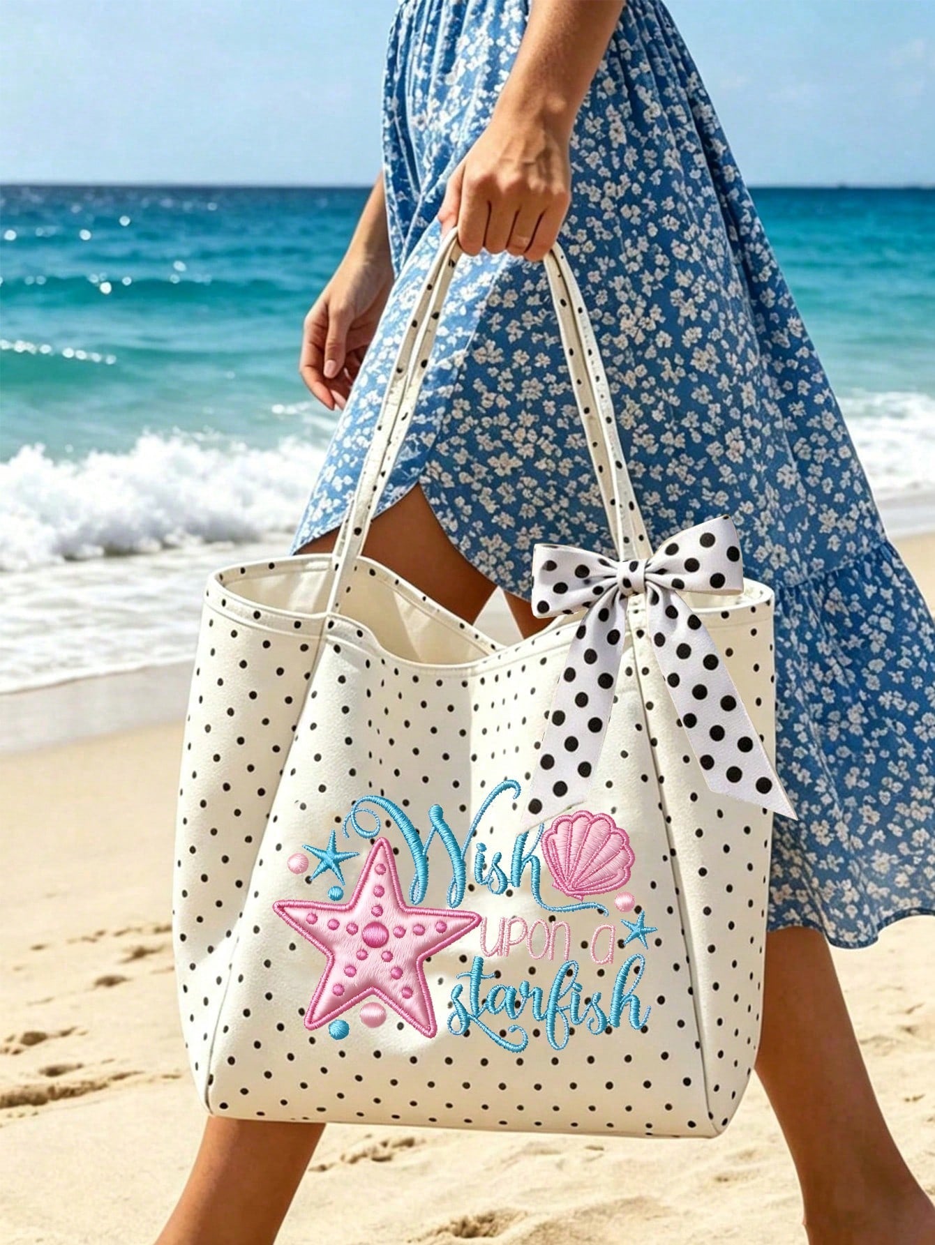 Summer Starfish And Seashell Theme Printed Shoulder Bag, Foldable Spacious Beach Travel Shopping Bag With Bow Ribbon, Multi-Functional Beach Bag, Large Capacity Foldable, Can Be Used As Shopping Bag