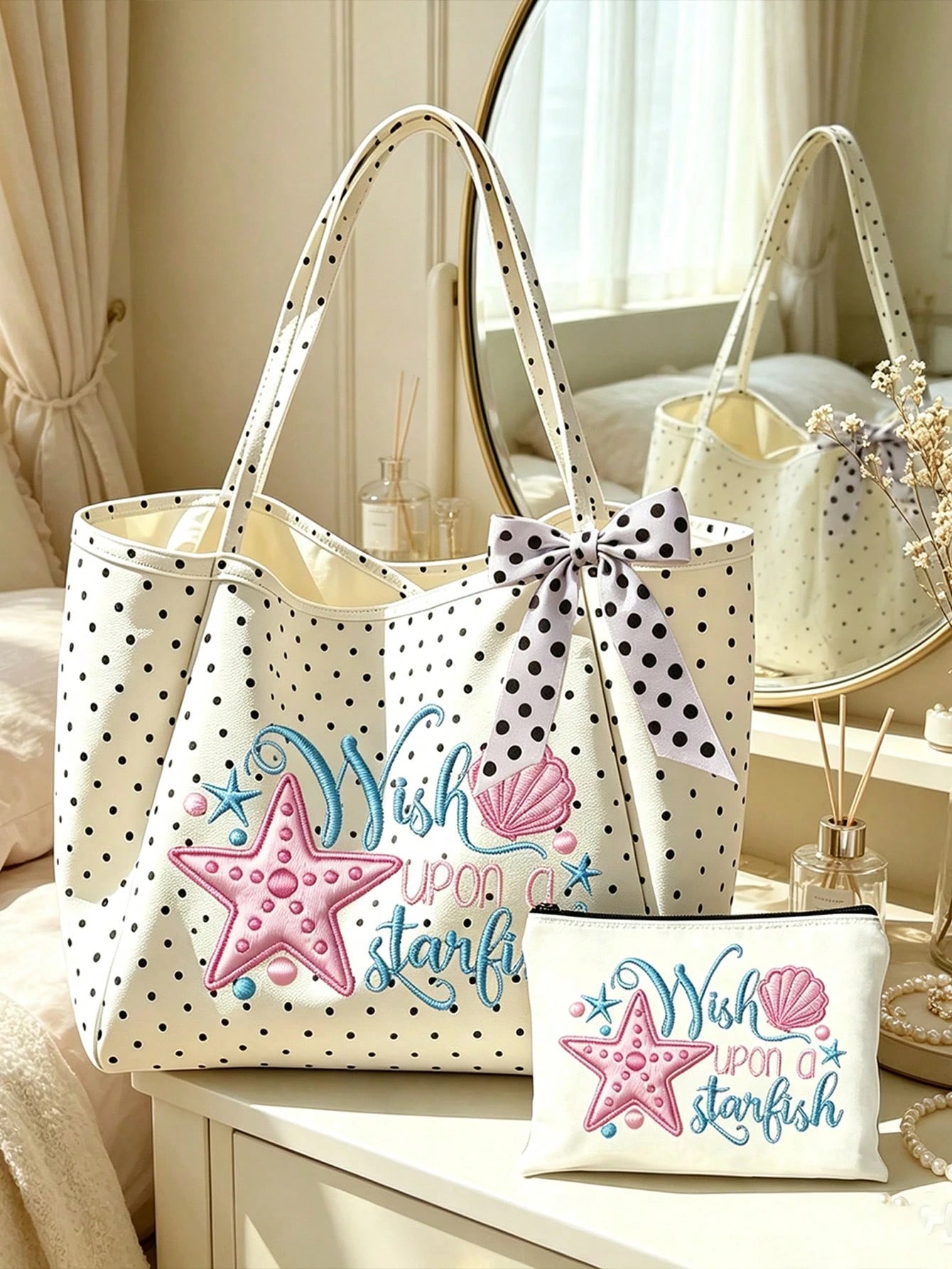Summer Starfish And Seashell Theme Printed Shoulder Bag, Foldable Spacious Beach Travel Shopping Bag With Bow Ribbon, Multi-Functional Beach Bag, Large Capacity Foldable, Can Be Used As Shopping Bag