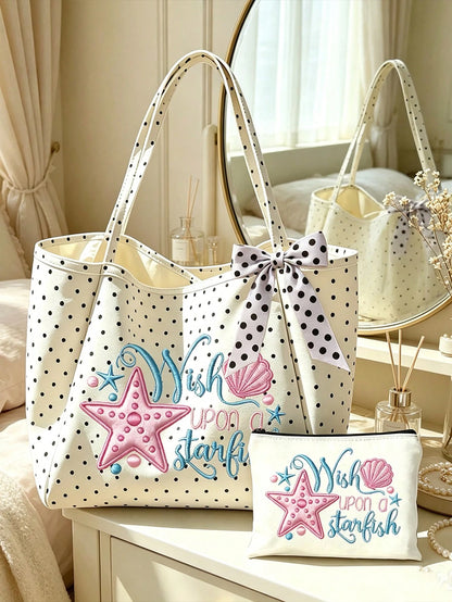 Summer Starfish And Seashell Theme Printed Shoulder Bag, Foldable Spacious Beach Travel Shopping Bag With Bow Ribbon, Multi-Functional Beach Bag, Large Capacity Foldable, Can Be Used As Shopping Bag