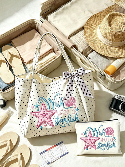 Summer Starfish And Seashell Theme Printed Shoulder Bag, Foldable Spacious Beach Travel Shopping Bag With Bow Ribbon, Multi-Functional Beach Bag, Large Capacity Foldable, Can Be Used As Shopping Bag