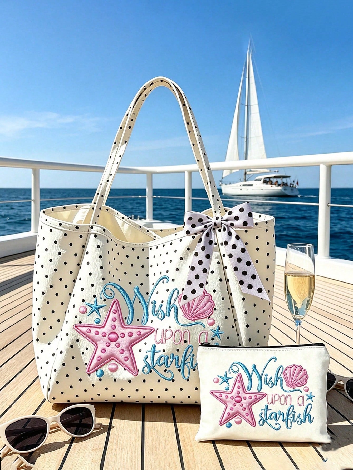 Summer Starfish And Seashell Theme Printed Shoulder Bag, Foldable Spacious Beach Travel Shopping Bag With Bow Ribbon, Multi-Functional Beach Bag, Large Capacity Foldable, Can Be Used As Shopping Bag