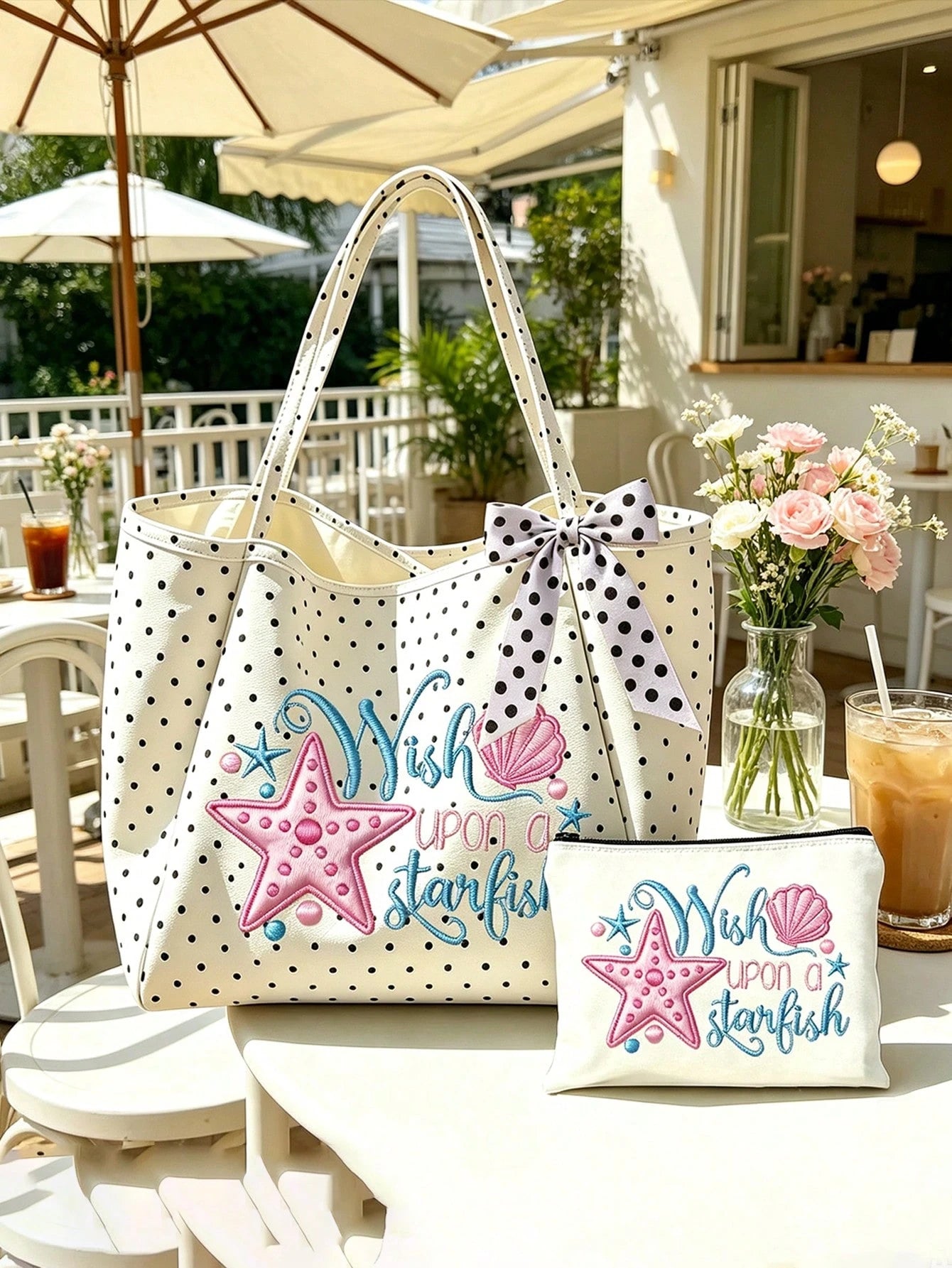 Summer Starfish And Seashell Theme Printed Shoulder Bag, Foldable Spacious Beach Travel Shopping Bag With Bow Ribbon, Multi-Functional Beach Bag, Large Capacity Foldable, Can Be Used As Shopping Bag