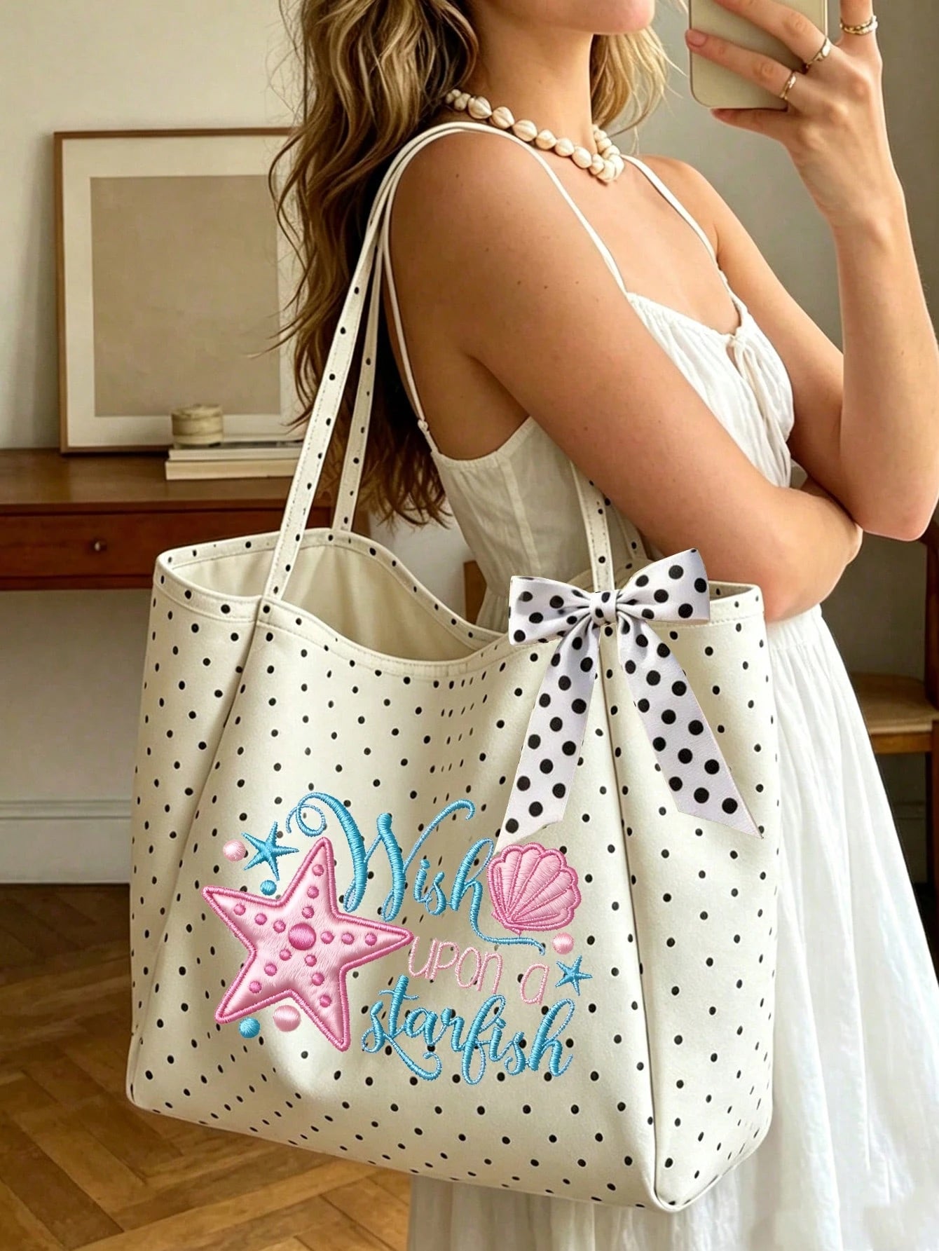 Summer Starfish And Seashell Theme Printed Shoulder Bag, Foldable Spacious Beach Travel Shopping Bag With Bow Ribbon, Multi-Functional Beach Bag, Large Capacity Foldable, Can Be Used As Shopping Bag