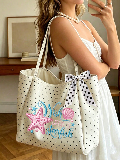 Summer Starfish And Seashell Theme Printed Shoulder Bag, Foldable Spacious Beach Travel Shopping Bag With Bow Ribbon, Multi-Functional Beach Bag, Large Capacity Foldable, Can Be Used As Shopping Bag
