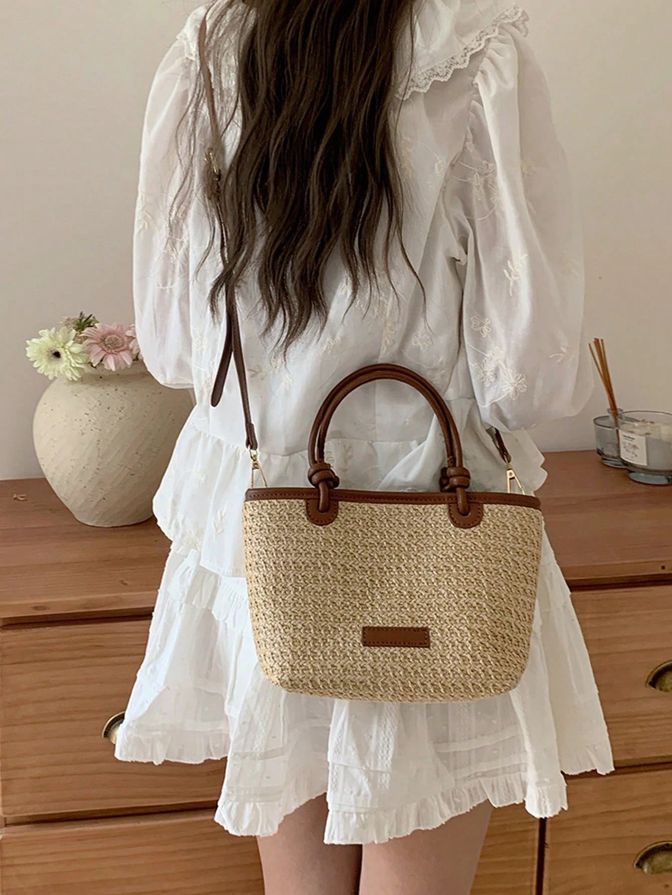 Summer Vacation Beach Style Woven Bag Handheld And Crossbody Bag, Rope Knot Basket Bag,Straw Bag, Boho Chic