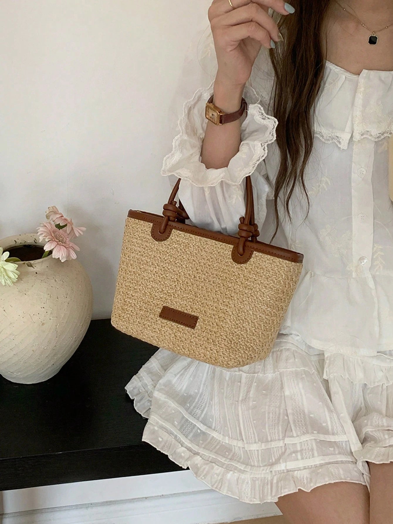 Summer Vacation Beach Style Woven Bag Handheld And Crossbody Bag, Rope Knot Basket Bag,Straw Bag, Boho Chic