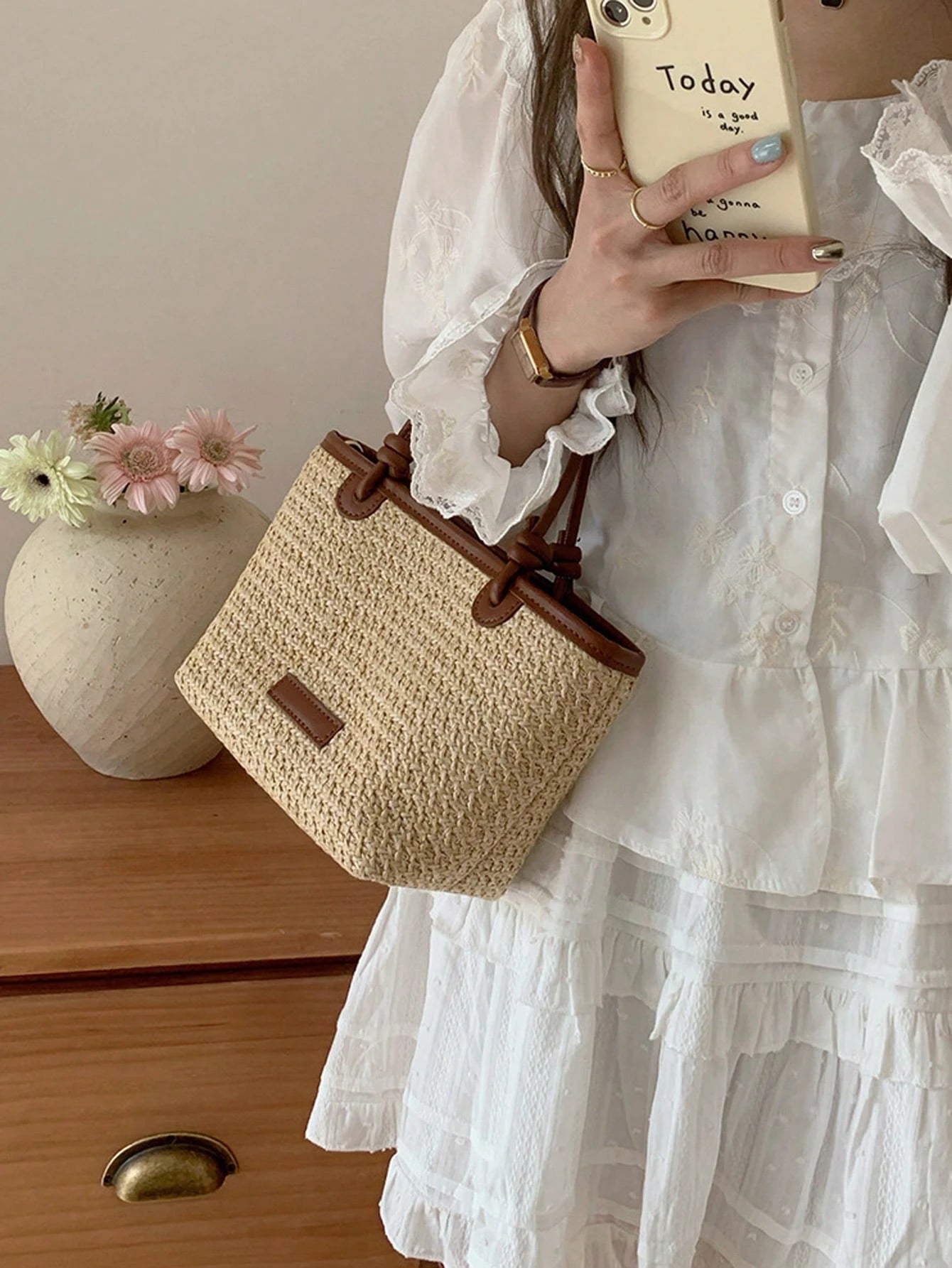 Summer Vacation Beach Style Woven Bag Handheld And Crossbody Bag, Rope Knot Basket Bag,Straw Bag, Boho Chic