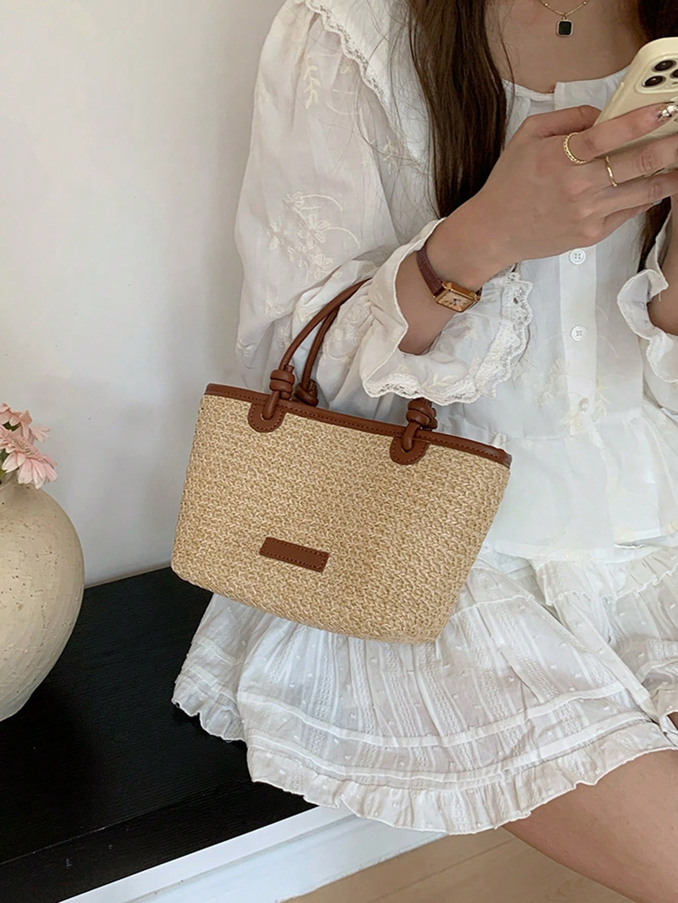 Summer Vacation Beach Style Woven Bag Handheld And Crossbody Bag, Rope Knot Basket Bag,Straw Bag, Boho Chic
