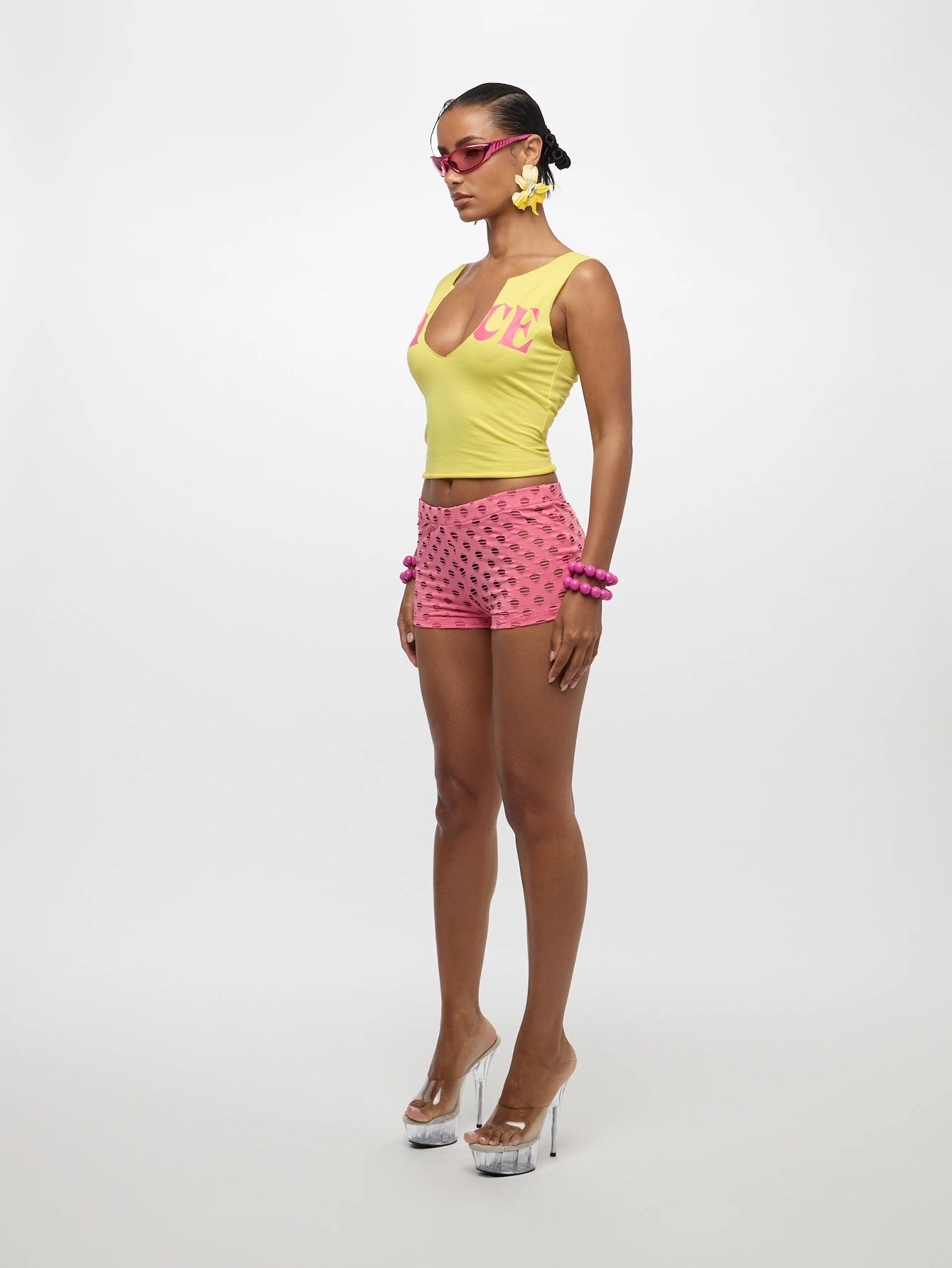 SUMWON Plus Size Graphic Logo Crop Tank Top With Deep V-Neckline Sleeveless Fitted Stretch Summer Festival Top