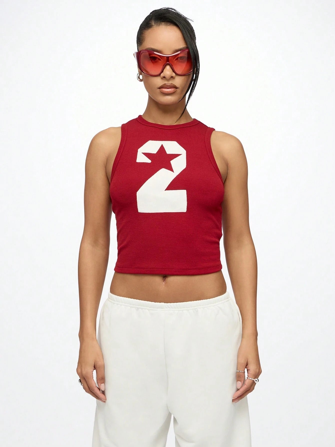 SUMWON WOMEN Athletic Sport Tank Top With Varsity Number Print 2 Sleeveless Ribbed Crop Workout Training Summer Fitness Tank