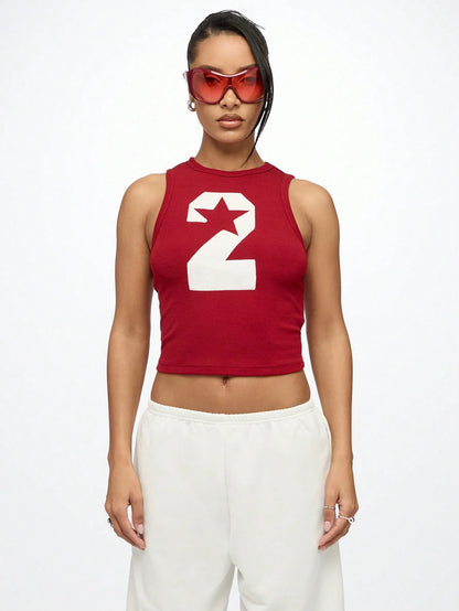 SUMWON WOMEN Athletic Sport Tank Top With Varsity Number Print 2 Sleeveless Ribbed Crop Workout Training Summer Fitness Tank