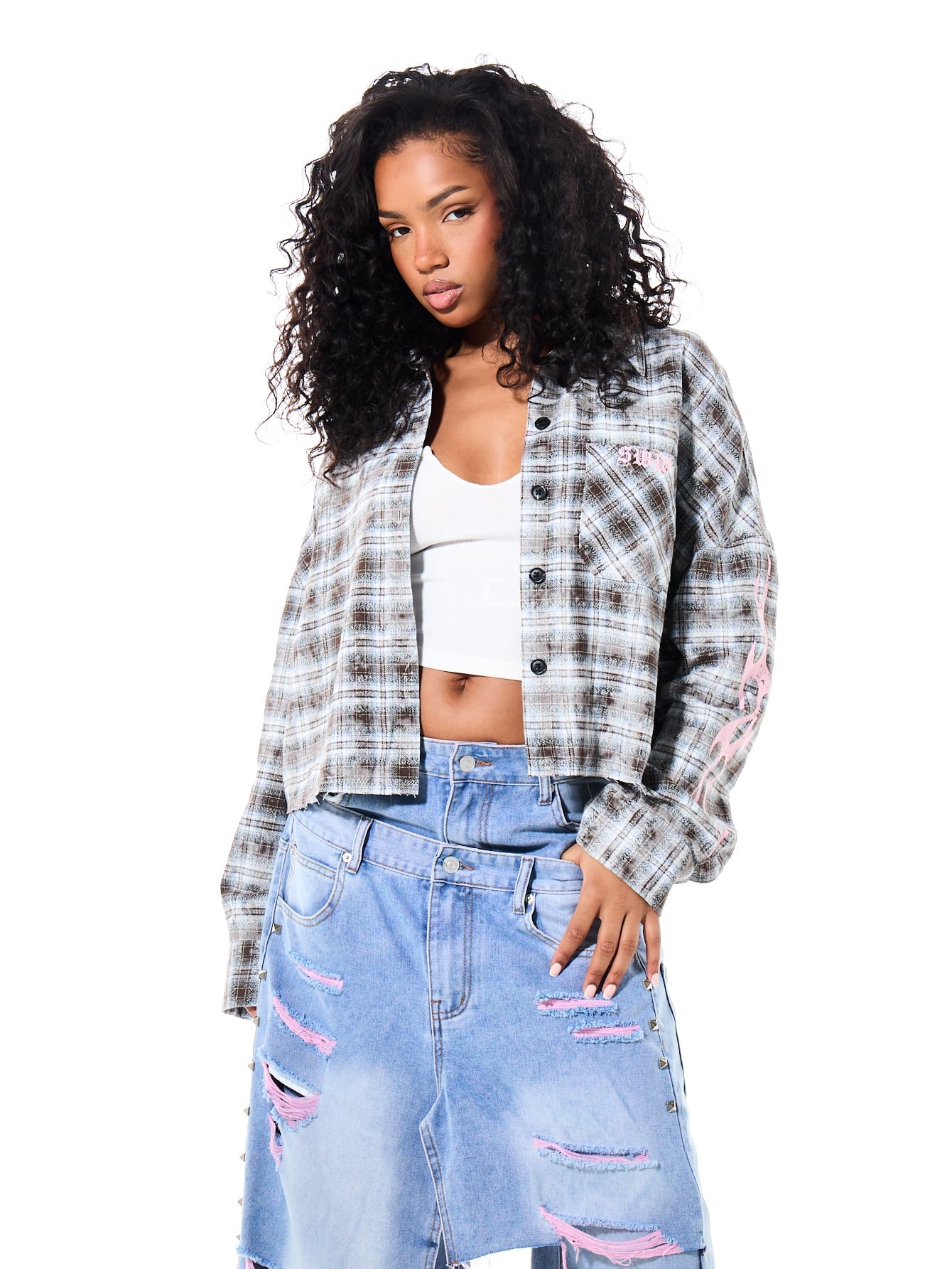 SUMWON WOMEN Plaid Cropped Flannel Shirt With Flame Sleeve Print Graphic Number Back Button Front Collared Top