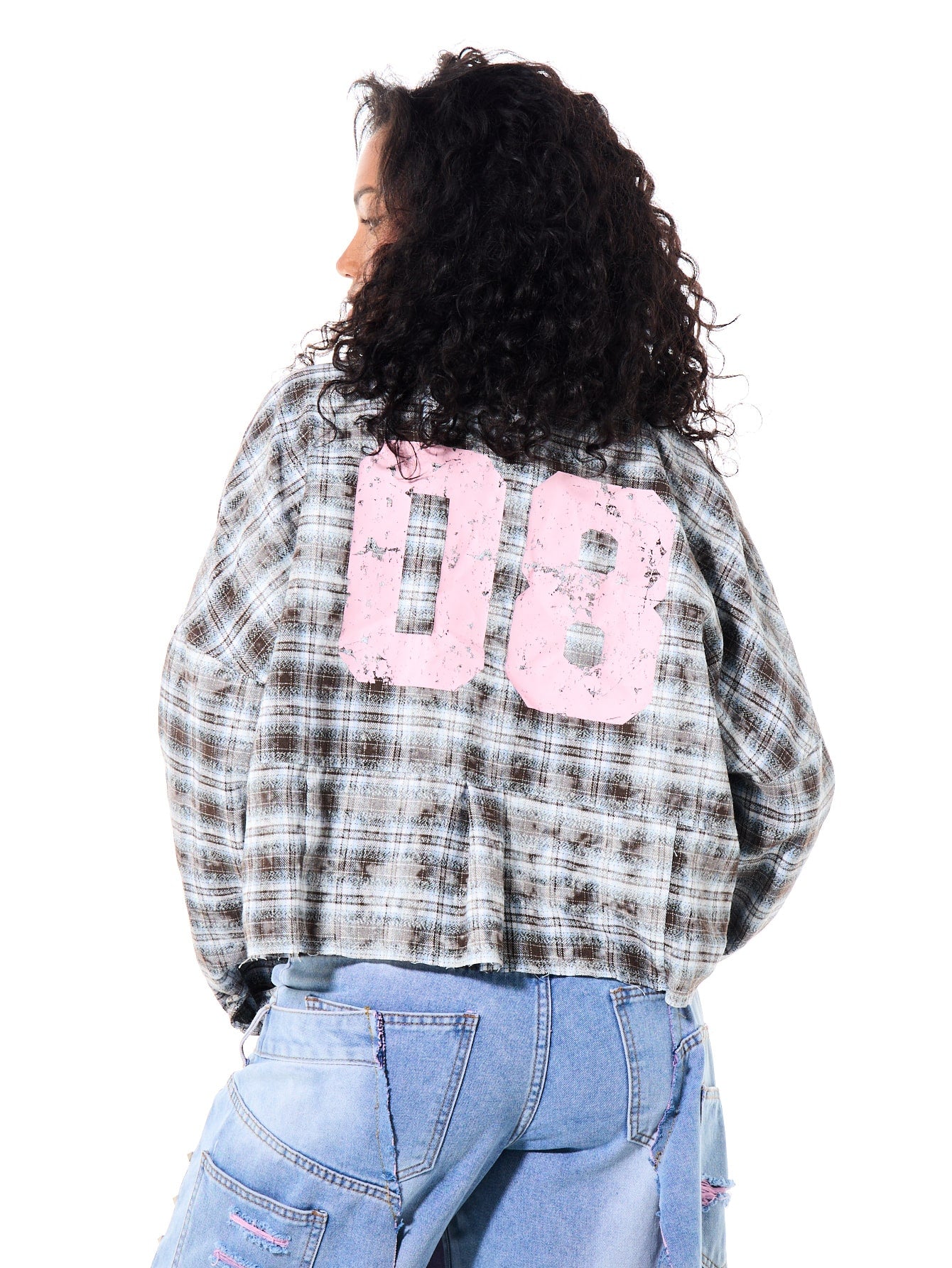 SUMWON WOMEN Plaid Cropped Flannel Shirt With Flame Sleeve Print Graphic Number Back Button Front Collared Top