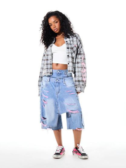 SUMWON WOMEN Plaid Cropped Flannel Shirt With Flame Sleeve Print Graphic Number Back Button Front Collared Top