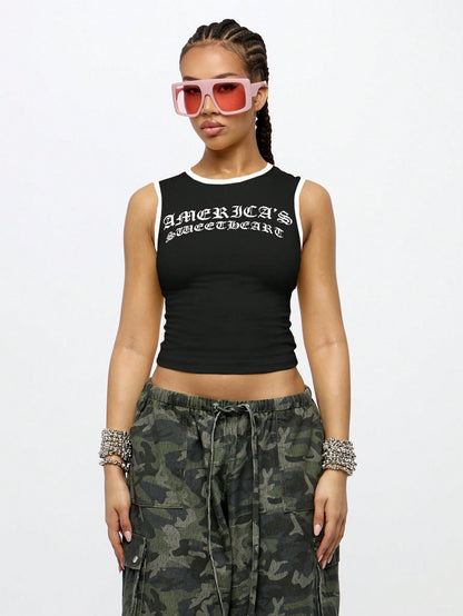 SUMWON WOMEN Streetwear S Cropped Tank Top Fashion Sleeveless Gothic Modern Y2K Spring Summer Festival Apparel Training