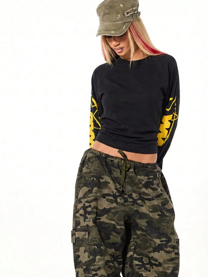 SUMWON WOMEN Women's Oversized Long Sleeve T-Shirt With Yellow Text Graphics Black Cotton Tee Casual Streetwear Top Fall Winter