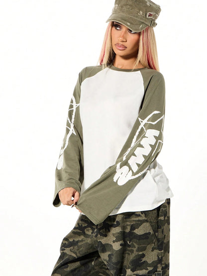 SUMWON WOMEN Women's Oversized Long Sleeve T-Shirt With Yellow Text Graphics Black Cotton Tee Casual Streetwear Top Fall Winter