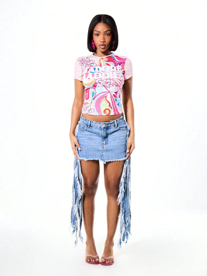 SUMWON WOMEN Women's Vibrant Printed Short Sleeve Crew Neck Baby Tee With Abstract Swirl Pattern And Mixed Graphic Text Design