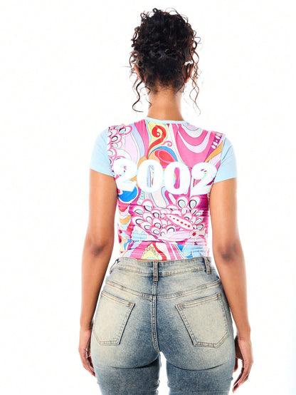 SUMWON WOMEN Women's Vibrant Printed Short Sleeve Crew Neck Baby Tee With Abstract Swirl Pattern And Mixed Graphic Text Design