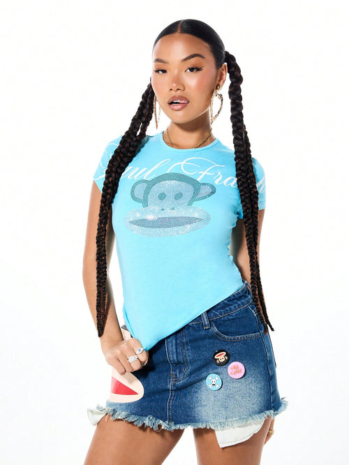 SUMWON X PAUL FRANK SUMWON WOMEN Women's Baby Tee Graphic T-Shirt With Cute Monkey Character Print Short Sleeve Fitted Crew Neck Cotton Casual Top