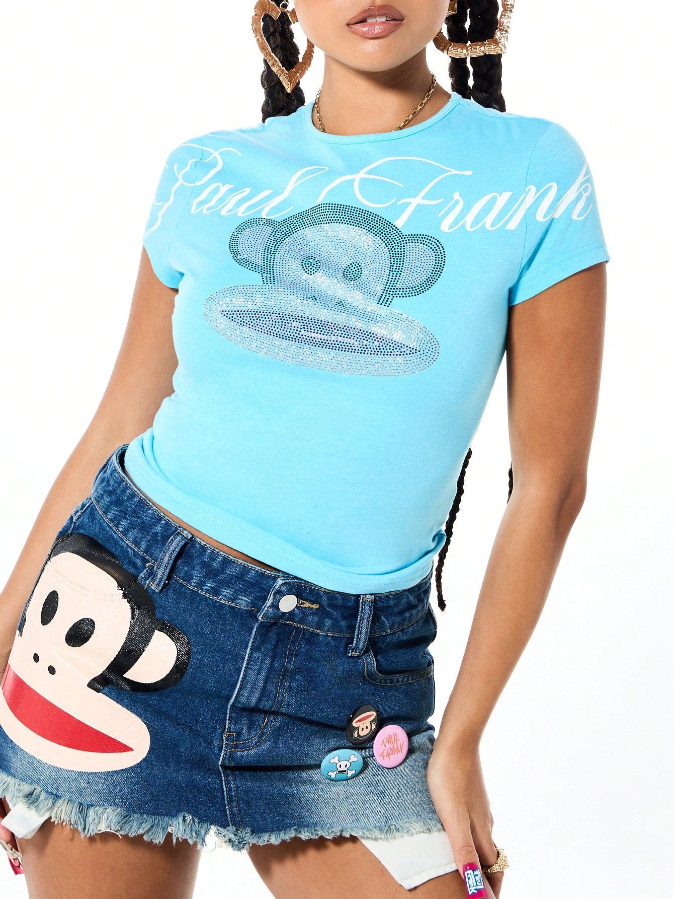 SUMWON X PAUL FRANK SUMWON WOMEN Women's Baby Tee Graphic T-Shirt With Cute Monkey Character Print Short Sleeve Fitted Crew Neck Cotton Casual Top