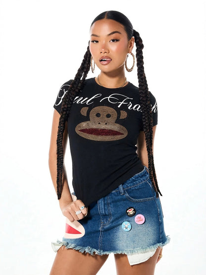 SUMWON X PAUL FRANK SUMWON WOMEN Women's Baby Tee Graphic T-Shirt With Cute Monkey Character Print Short Sleeve Fitted Crew Neck Cotton Casual Top