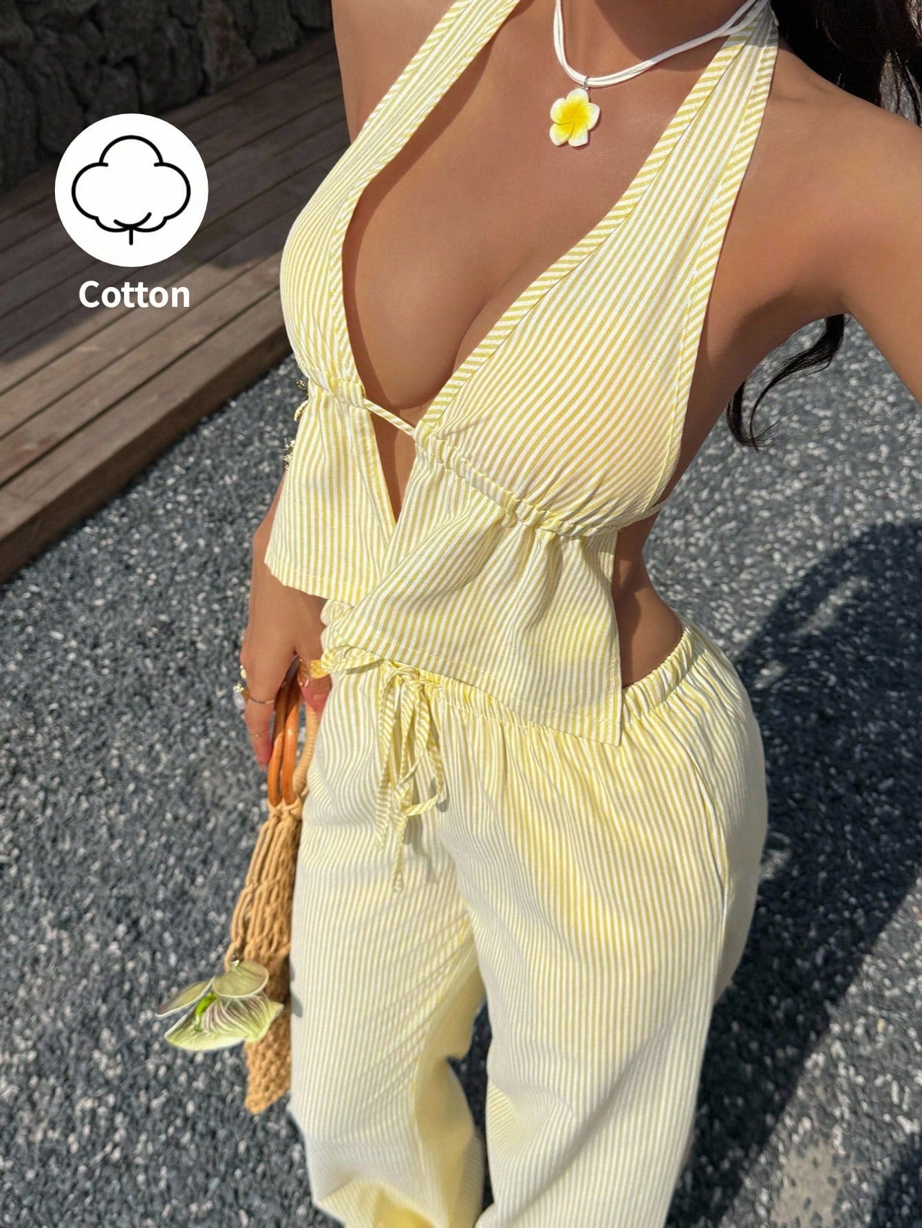 Sunnyshic 2pcs Women Yellow Cotton Deep V-Neck Backless Halter Top And High Waist Drawstring Wide Leg Pants,Summer Casual Holiday Vacation Fashion Outfit