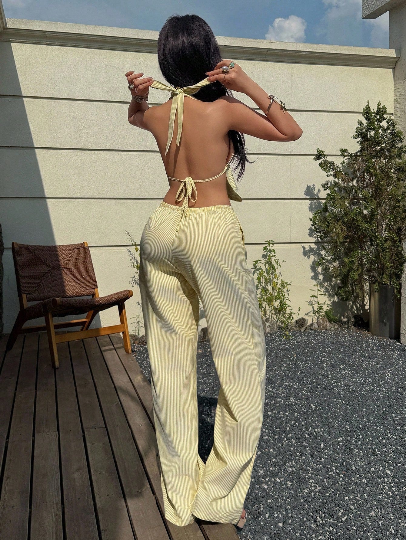 Sunnyshic 2pcs Women Yellow Cotton Deep V-Neck Backless Halter Top And High Waist Drawstring Wide Leg Pants,Summer Casual Holiday Vacation Fashion Outfit