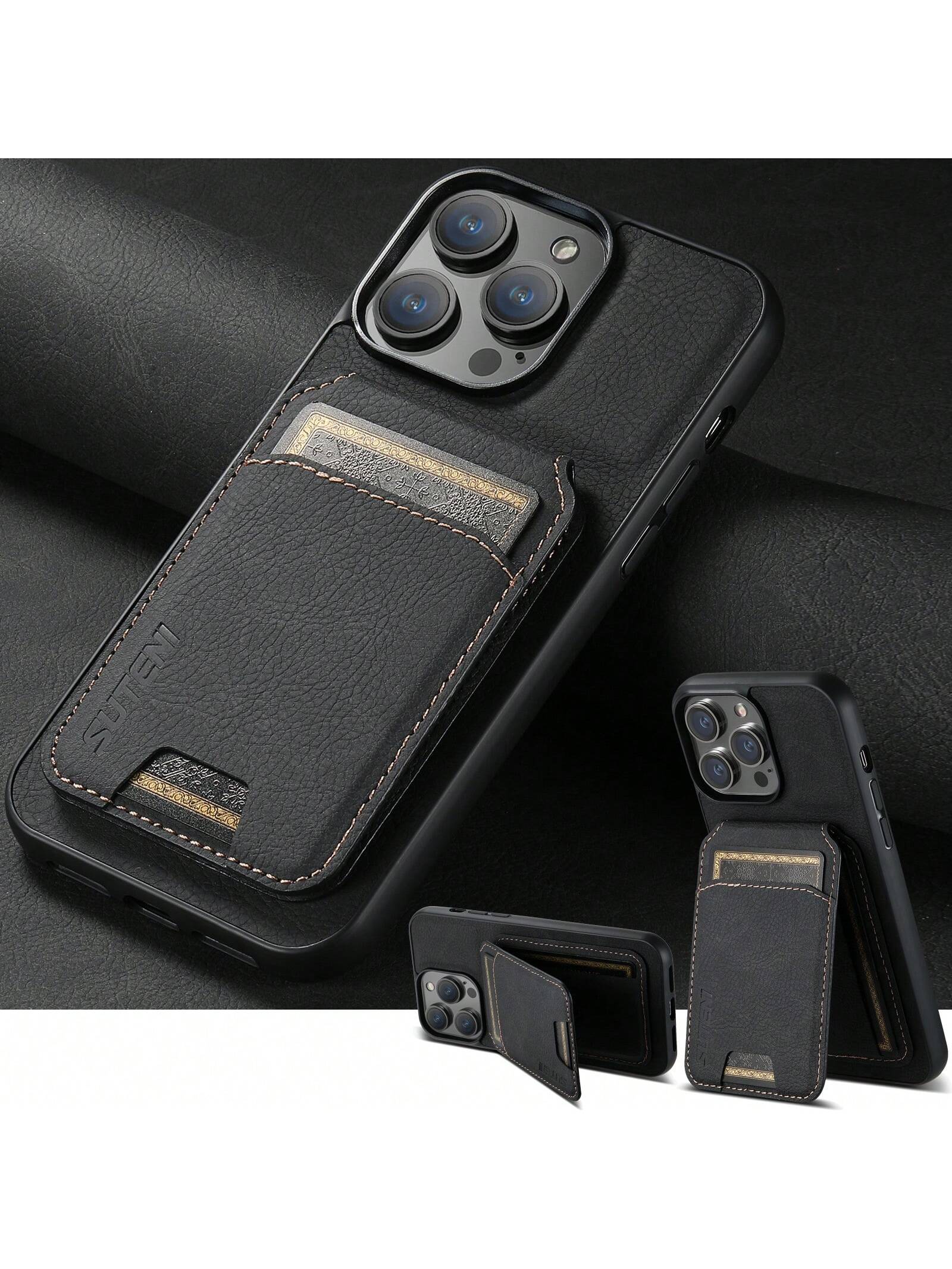 Suteni PU Leather Stand Phone Case Card Holder Wallet Phone Case Compatible With IPhone 17 Pro Max 16 Plus 15 14 13 12 11 For Galaxy S26 S25 Ultra S24 S23 S22 For Google Pixel 9 Pro XL 8A 7/Black/Bro