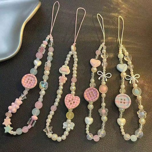 Sweet Plaid Button Beaded Phone Lanyard, Decorated With Heart, Bow, Bear And Other Cute Accessories, Pink Tone Soft Girl Style. Handmade With Transparent Texture, Exquisite And Versatile Design, Can B