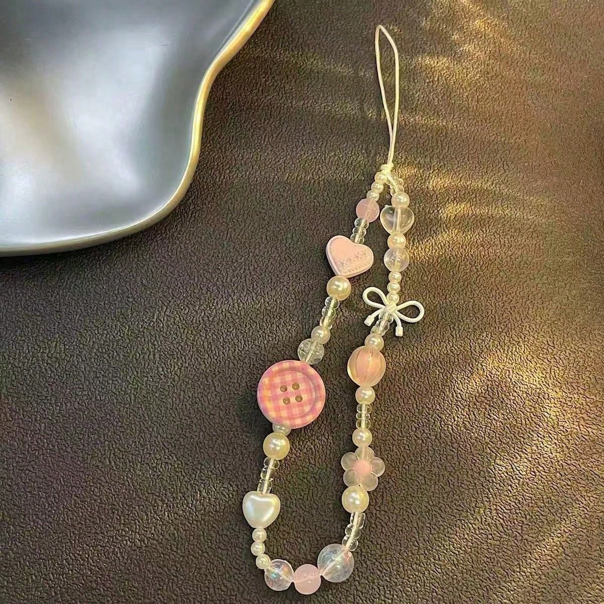 Sweet Plaid Button Beaded Phone Lanyard, Decorated With Heart, Bow, Bear And Other Cute Accessories, Pink Tone Soft Girl Style. Handmade With Transparent Texture, Exquisite And Versatile Design, Can B