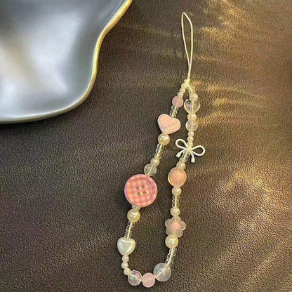 Sweet Plaid Button Beaded Phone Lanyard, Decorated With Heart, Bow, Bear And Other Cute Accessories, Pink Tone Soft Girl Style. Handmade With Transparent Texture, Exquisite And Versatile Design, Can B