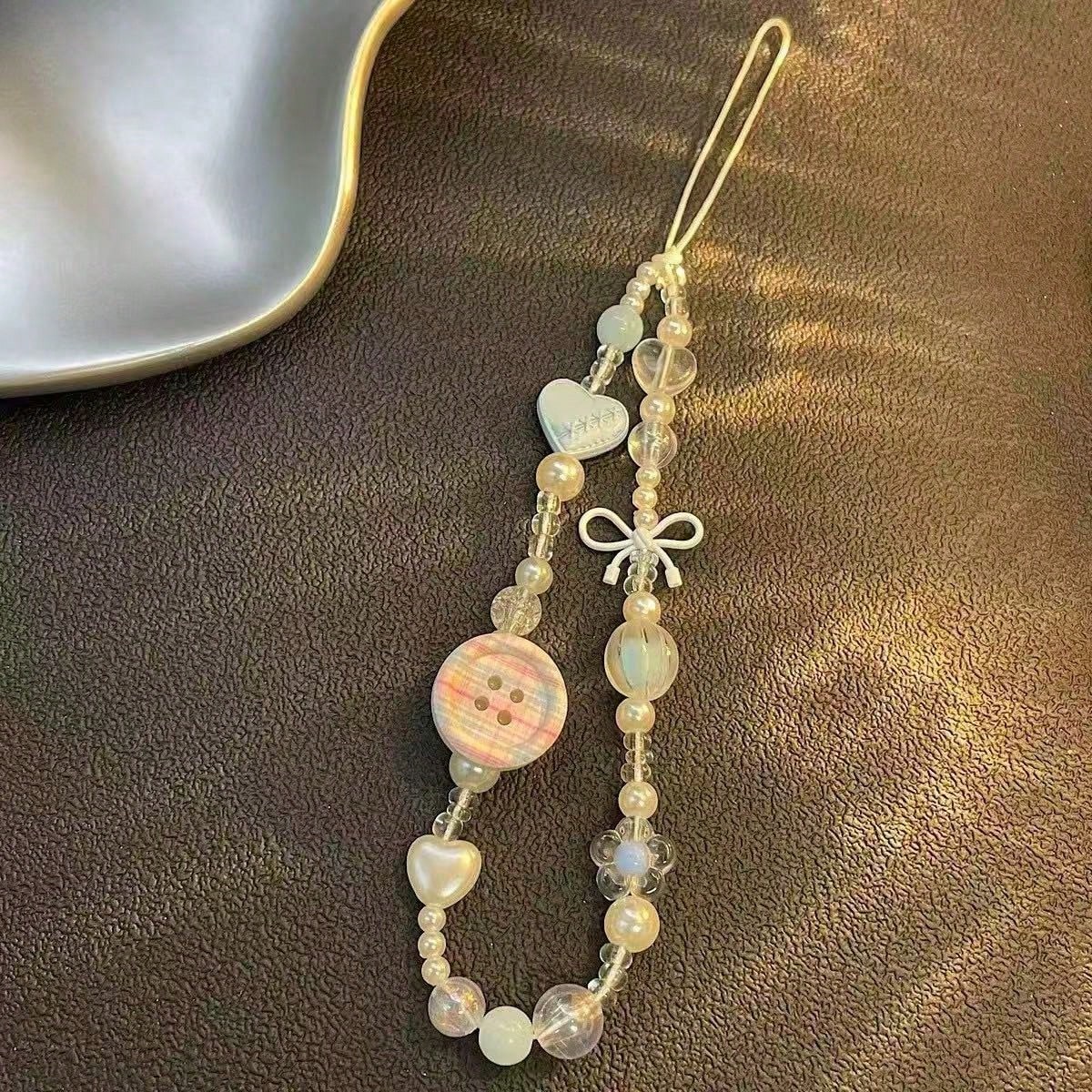 Sweet Plaid Button Beaded Phone Lanyard, Decorated With Heart, Bow, Bear And Other Cute Accessories, Pink Tone Soft Girl Style. Handmade With Transparent Texture, Exquisite And Versatile Design, Can B