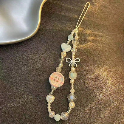 Sweet Plaid Button Beaded Phone Lanyard, Decorated With Heart, Bow, Bear And Other Cute Accessories, Pink Tone Soft Girl Style. Handmade With Transparent Texture, Exquisite And Versatile Design, Can B