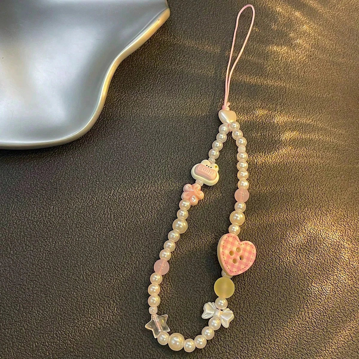 Sweet Plaid Button Beaded Phone Lanyard, Decorated With Heart, Bow, Bear And Other Cute Accessories, Pink Tone Soft Girl Style. Handmade With Transparent Texture, Exquisite And Versatile Design, Can B