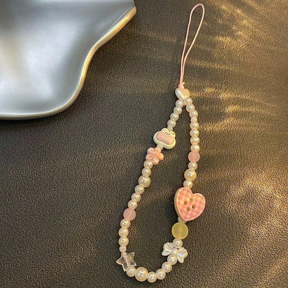 Sweet Plaid Button Beaded Phone Lanyard, Decorated With Heart, Bow, Bear And Other Cute Accessories, Pink Tone Soft Girl Style. Handmade With Transparent Texture, Exquisite And Versatile Design, Can B